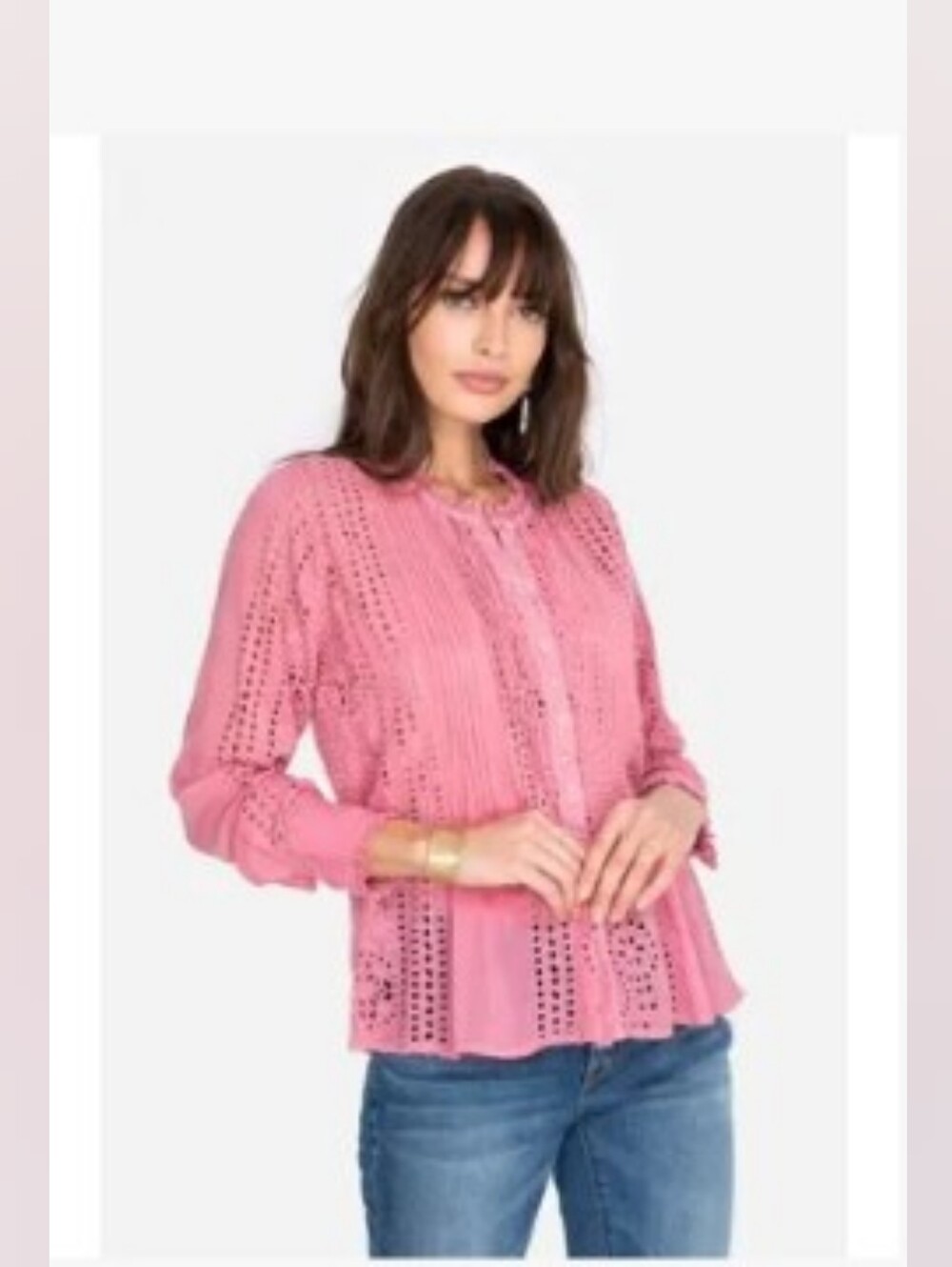 Johnny Was Women Pink Embroidered Eyelet Lace Boho Blouse Long Sleeve